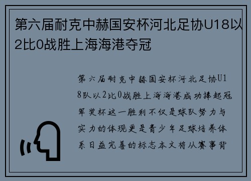 第六届耐克中赫国安杯河北足协U18以2比0战胜上海海港夺冠 第六届耐克中赫国安杯河北足协U18以2比0战胜上海海港夺冠