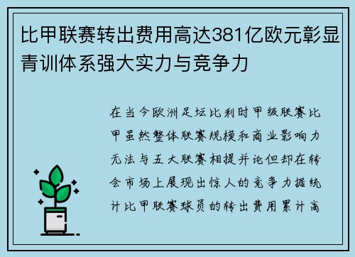 比甲联赛转出费用高达381亿欧元彰显青训体系强大实力与竞争力